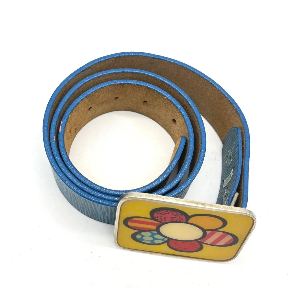 Romero Britto Pop Art Flower Power Correart Blue Leather Belt Medium Retro Y2K